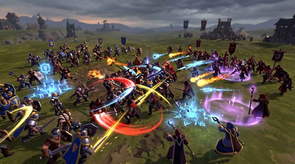 ZvZ guild battle scene with magical weapon effects