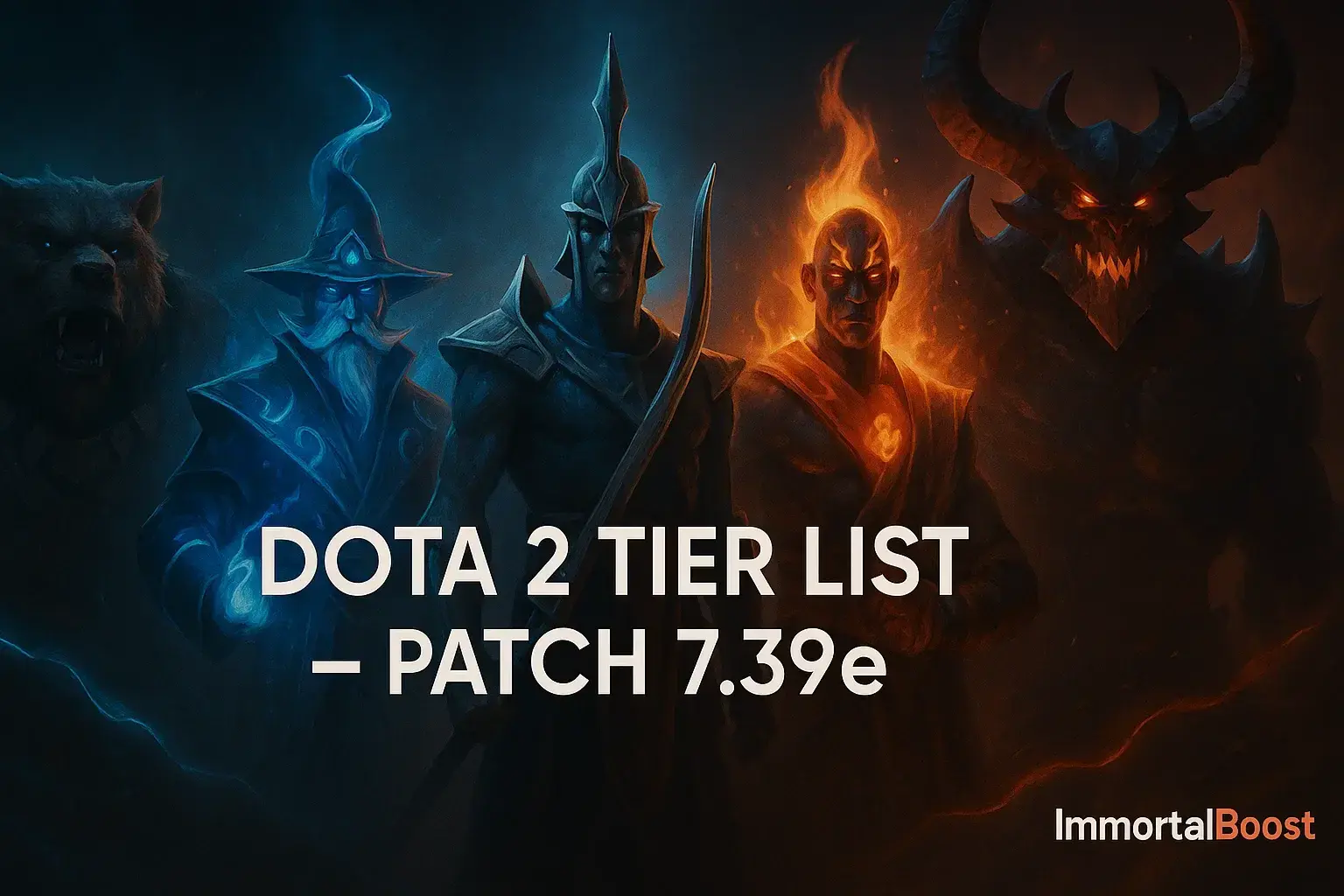 Cinematic Dota 2 tier list header image showing five top-tier heroes — Ursa, Leshrac, Phantom Lancer, Huskar, and Terrorblade — standing in a dramatic lineup with blue and orange lighting effects. Subtle ImmortalBoost branding in the corner.