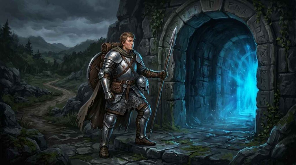 Beginner character at dungeon entrance with spear