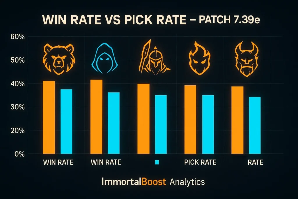 Win rate vs pick rate chart for Patch 7.39e featuring S-tier Dota 2 heroes Ursa, Leshrac, Phantom Lancer, Huskar, and Terrorblade. Orange bars show win rate, blue bars show pick rate. ImmortalBoost analytics style.