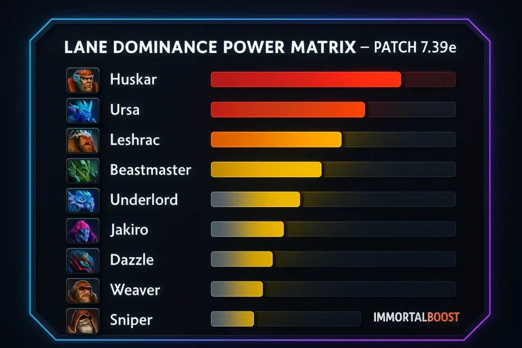 Lane Dominance Power Matrix showing ranked lane strength for Dota 2 heroes in Patch 7.39e, including Huskar, Ursa, Leshrac, Beastmaster, Underlord, and others. Horizontal strength bars with neon esports design and ImmortalBoost branding.