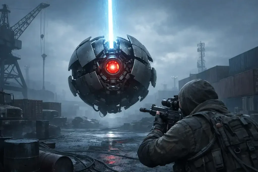 Arc Raiders gameplay screenshot showing a Raider shooting at a hovering ARC robotic enemy drone with explosions and combat effects in a rocky battlefield environment