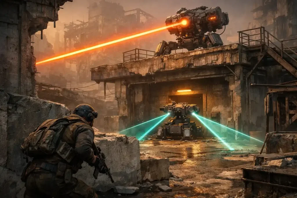 Arc Raiders gameplay screenshot showing a Raider firing at a flying ARC Wasp‑type robotic drone with other mechanical enemies and explosions in a rugged battlefield environment