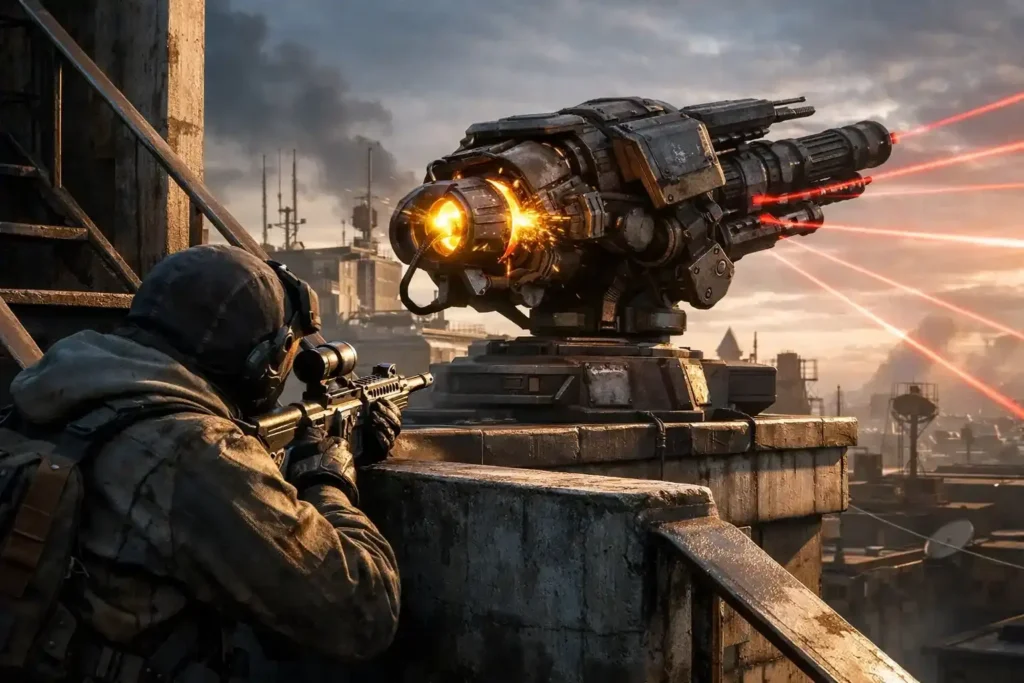 Arc Raiders gameplay screenshot showing Raiders battling a large ARC mechanical enemy in a desert‑like combat zone with explosions and laser fire