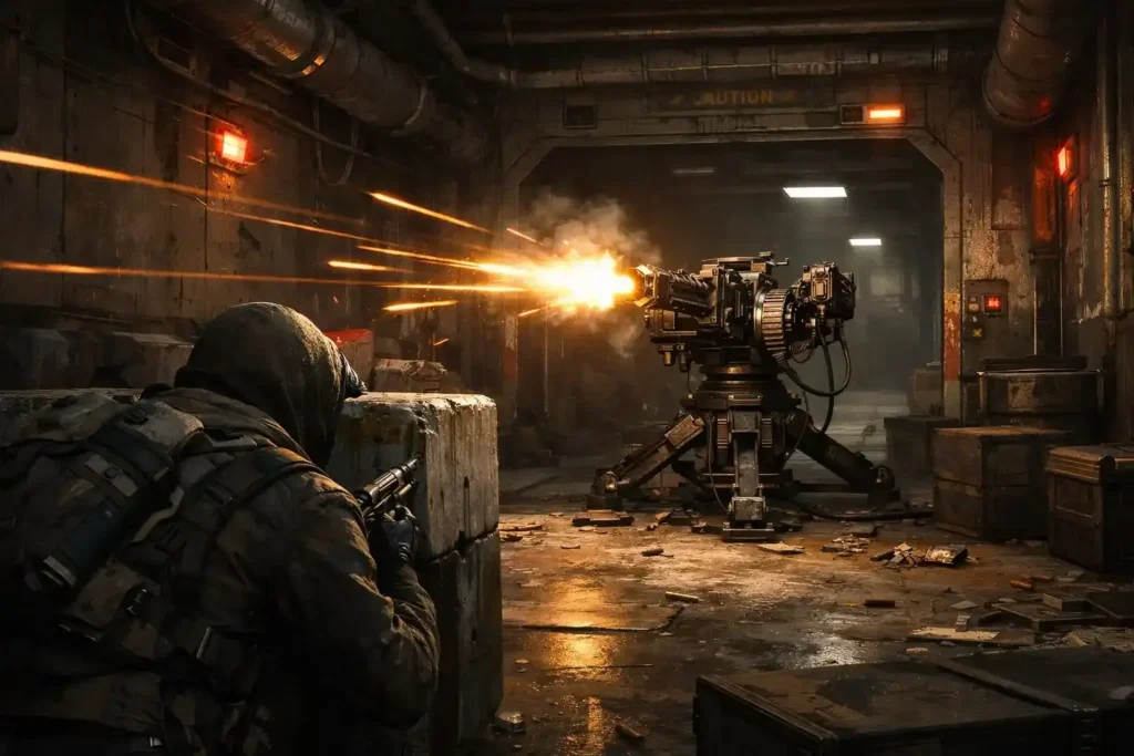 Arc Raiders gameplay scene showing multiple ARC robotic enemies firing at Raiders in a high‑action combat environment with explosions and motion effects in a desolate battlefield