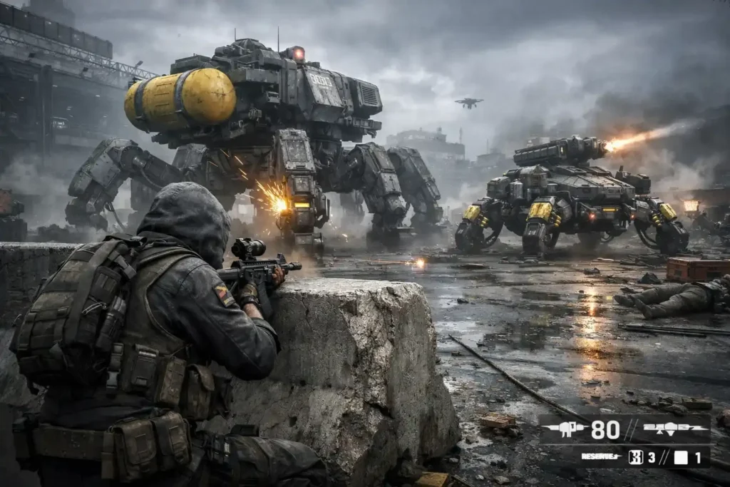 Arc Raiders gameplay image showing Raiders engaging ARC robotic enemies on a battlefield with heavy combat and explosions in a desolate environment