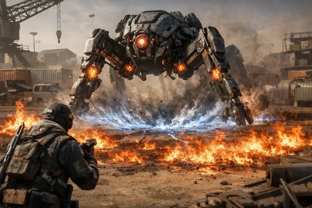 Arc Raiders gameplay screenshot showing a Raider engaging a Rocketeer type ARC drone firing rockets with other mechanical enemies and explosion effects in a dusty battlefield environment