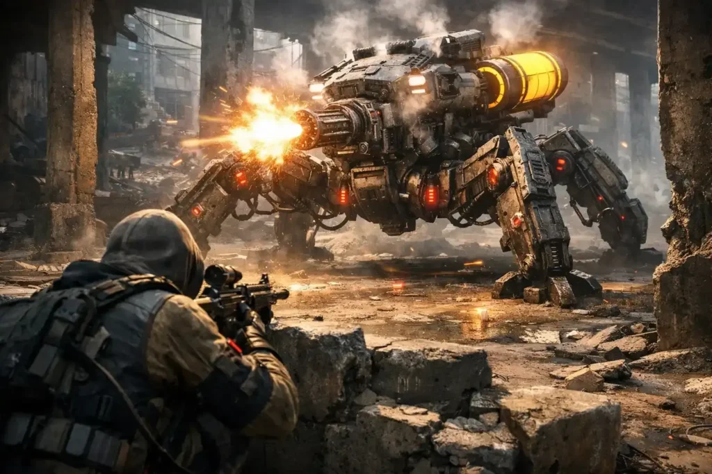 Arc Raiders gameplay image showing a Raider firing at multiple ARC robotic enemies in a chaotic firefight with explosions and debris in a ruined battlefield environment
