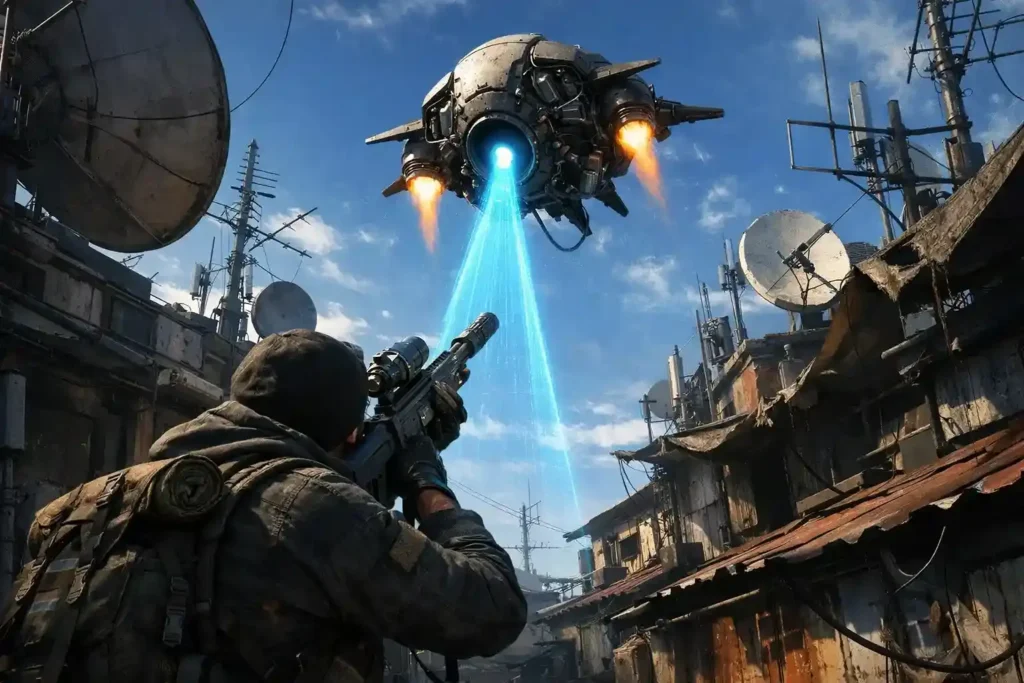 Infographic showing multiple Arc Raiders enemy types with labeled weak points and icons on a dark background.