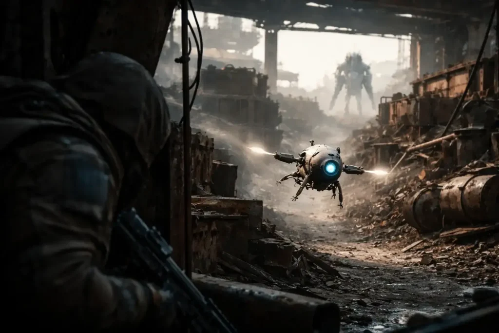 Arc Raiders gameplay scene showing a Raider aiming at a flying ARC enemy drone in a ruined industrial environment with larger robotic enemies in the background