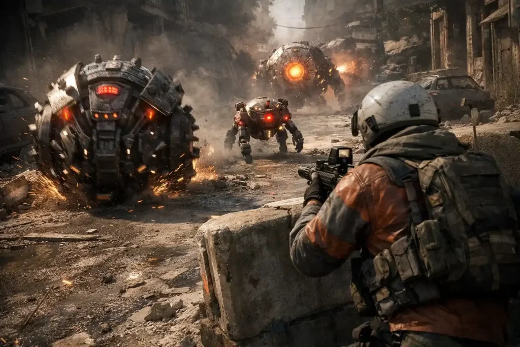 Arc Raiders gameplay screenshot featuring a Raider engaging a large ARC enemy mech with heavy legs and sparks on the ground in a combat scenario, set in a desolate outdoor map environment.