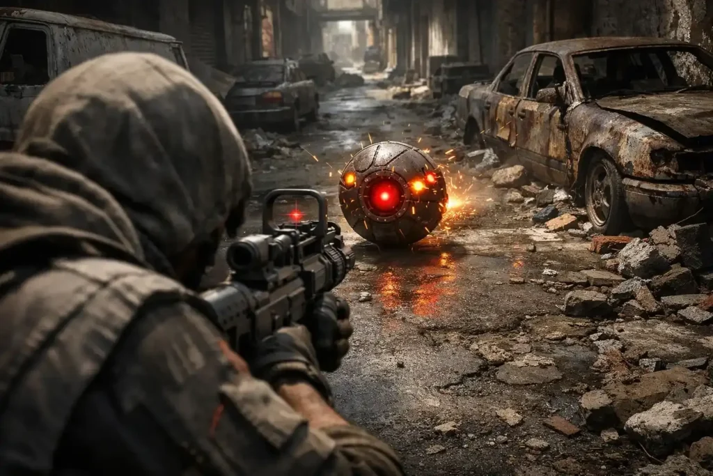 Arc Raiders gameplay screenshot showing Raiders in combat against a large ARC bomber‑type robot with mechanical legs firing heavy weapons on a rugged battlefield