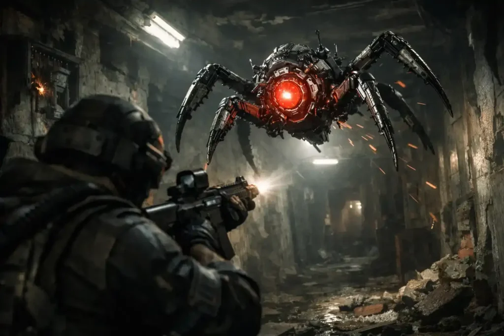 Arc Raiders gameplay screenshot showing Raiders in combat against ARC robotic enemies with explosions and laser fire in a rugged battlefield environment