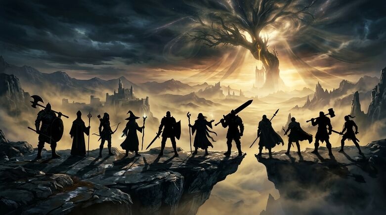 Ten class silhouettes on misty cliff, dark Lands Between aesthetic