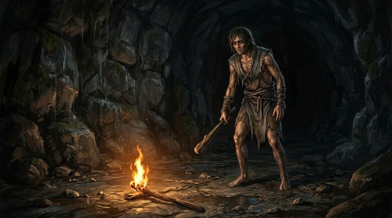 Wretch class alone in dark cave with wooden club, dramatic underlit