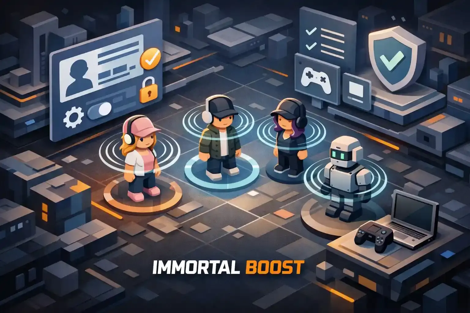 Immortal Boost gaming services illustration featuring diverse gamers, security features, and professional boosting