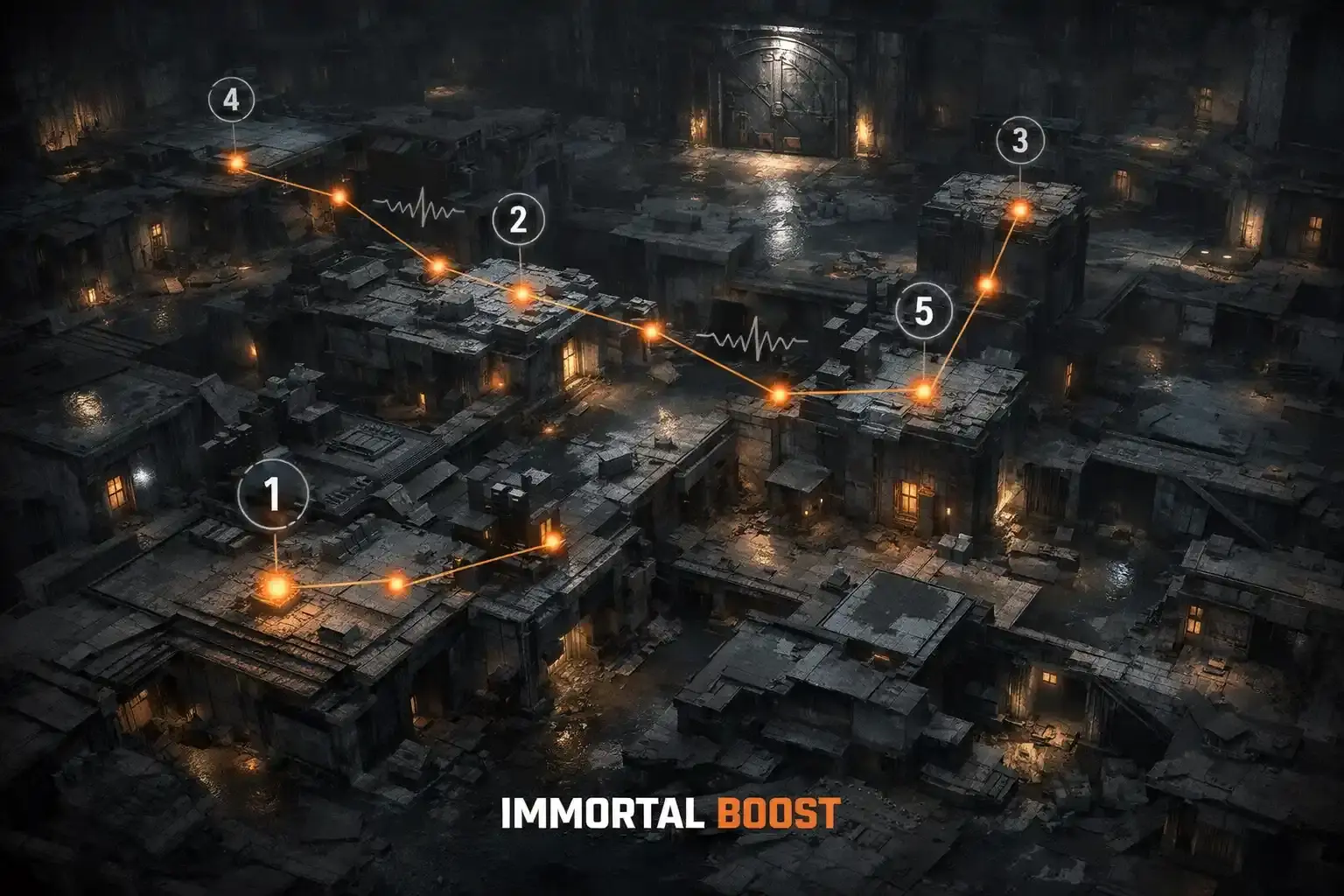 A top‑down view of a dark, labyrinthine game map with numbered waypoints connected by glowing orange paths and the “IMMORTAL BOOST” logo at the bottom.