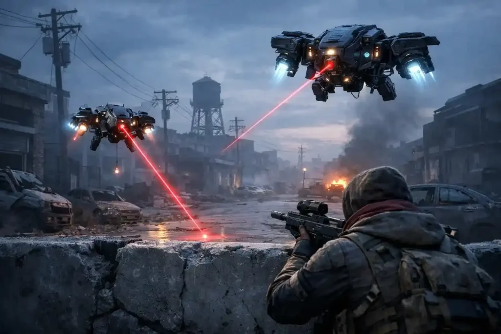 A soldier taking cover and aiming a rifle at two armed combat drones firing red laser beams in a destroyed urban battlefield with burning vehicles and smoke in the background.