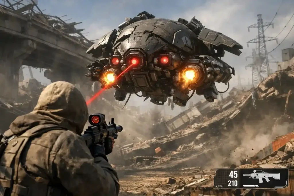 “A player in tactical gear aiming a rifle at armored combat drones firing red lasers over a war-torn urban street with wrecked cars and smoke in the distance.