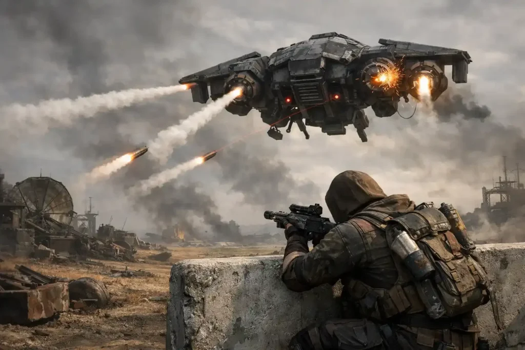 Arc Raiders gameplay scene showing a Raider in combat with a medium‑sized ARC enemy drone and robotic units in a dusty battlefield environment