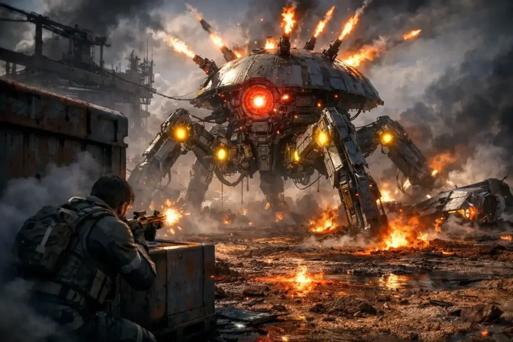 “Arc Raiders gameplay screenshot showing a Raider in futuristic combat gear firing at ARC mechanical enemies in a desolate battlefield with debris and action effects