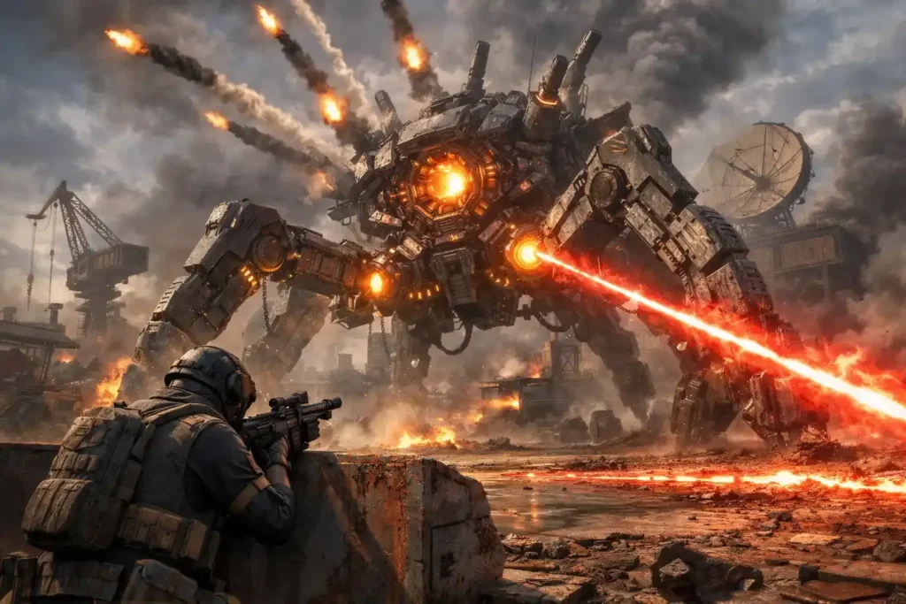 Arc Raiders gameplay screenshot showing a Raider in futuristic combat gear firing at a mechanical ARC enemy drone with explosive effects and debris in a barren battlefield environment