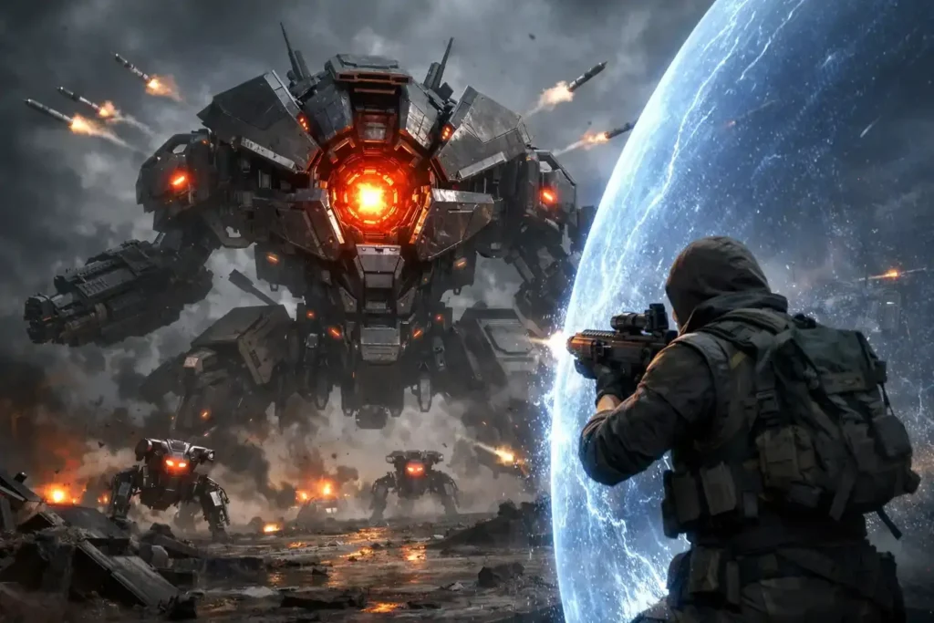 Arc Raiders gameplay scene showing a Raider in futuristic armor firing at a hovering ARC drone enemy with explosions and debris in a dusty battle environment