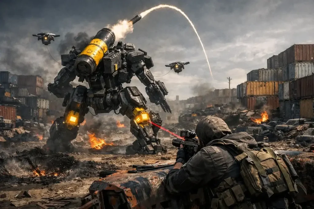 Arc Raiders gameplay screenshot showing a Raider wielding heavy weapons firing at ARC robotic enemies near a destroyed structure in a dusty combat zone