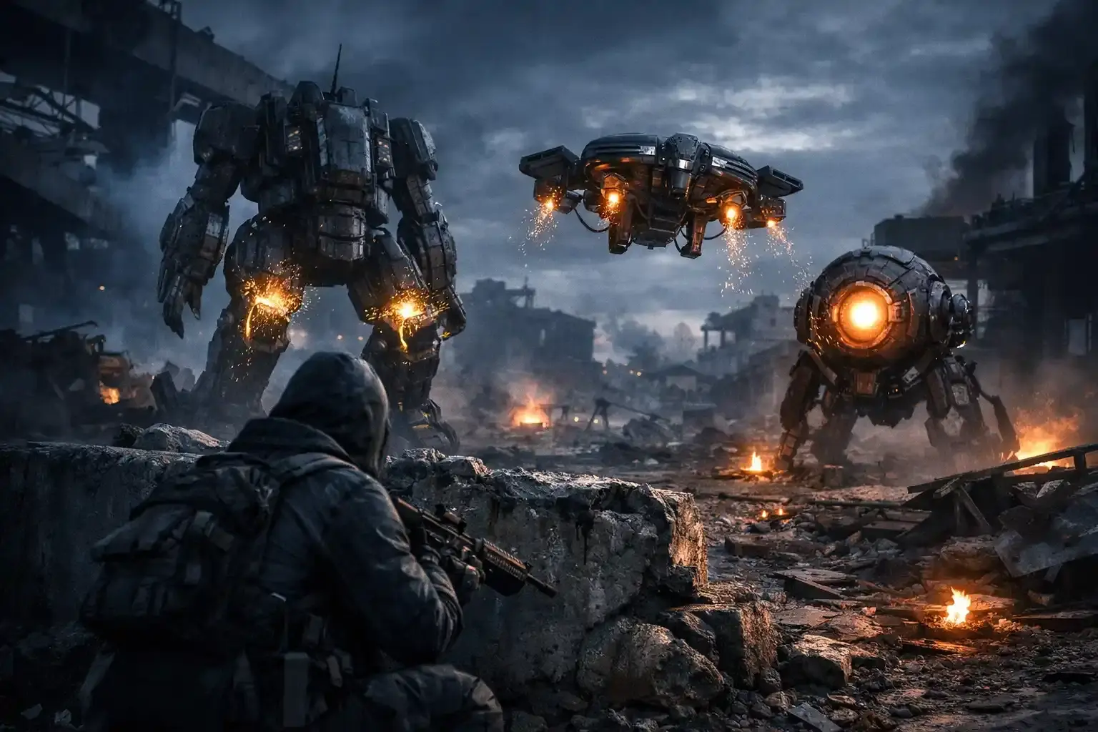 Arc Raiders gameplay scene showing a Raider crouched in rubble aiming a weapon at large ARC robotic enemies including a towering mech and hovering drones in a ruined battlefield environment