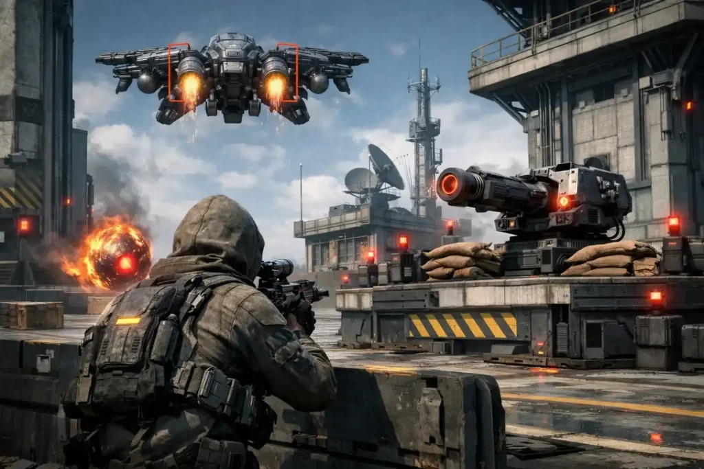 Arc Raiders gameplay screenshot showing a Raider crouched behind cover firing at multiple ARC robotic enemies with explosions and dust in a rugged battlefield environment.