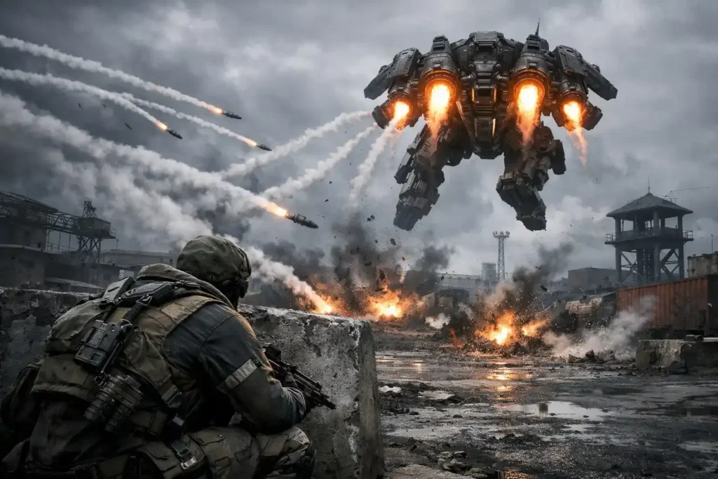 Arc Raiders gameplay screenshot showing a Raider shooting at an ARC robotic enemy with explosions and debris in a desolate battlefield environment.