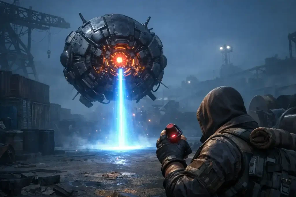 Arc Raiders gameplay screenshot showing a Raider in combat firing at an ARC robotic enemy with battlefield debris and action effects.