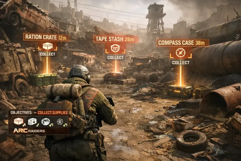 Arc Raiders gameplay screenshot showing a Raider aiming a weapon at a heavily armored ARC robotic enemy with sparks and explosions on a dusty battlefield