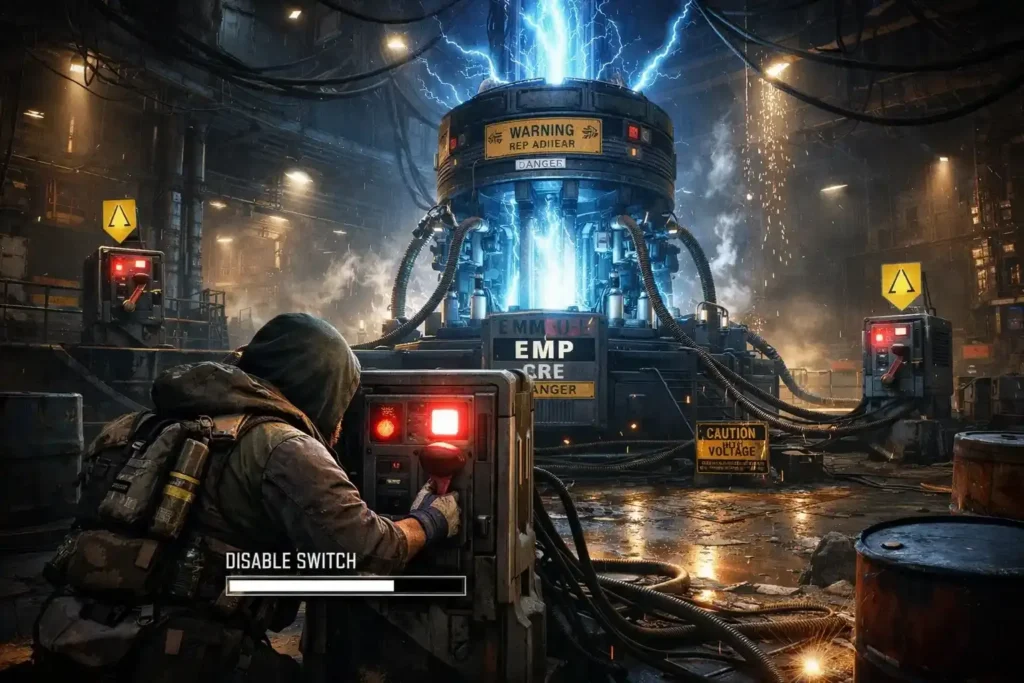 Arc Raiders gameplay screenshot showing one or more Raiders in combat with ARC robotic enemies, including flying drones and mechanical walkers, in a rugged battlefield environment