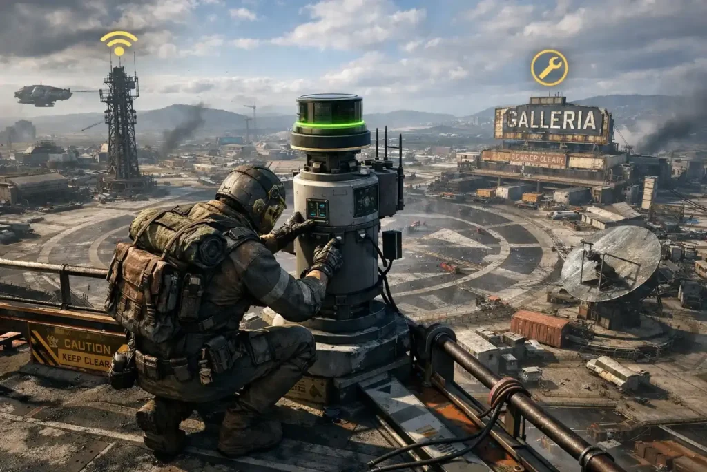 Arc Raiders gameplay screenshot showing a Raider firing a weapon at an ARC mechanical enemy with explosions and debris in a combat environment