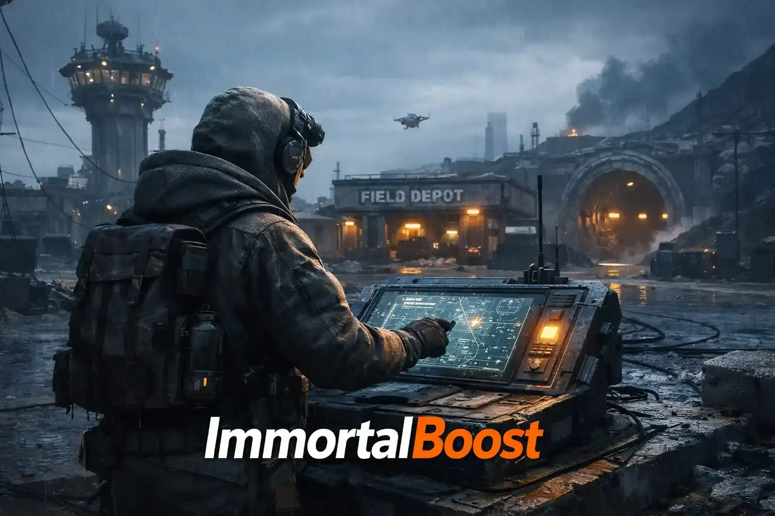 Arc Raiders gameplay scene showing a Raider looking at a tactical control panel while a hovering ARC drone flies above a ruined field depot with industrial structures and tunnels in a bleak battlefield setting