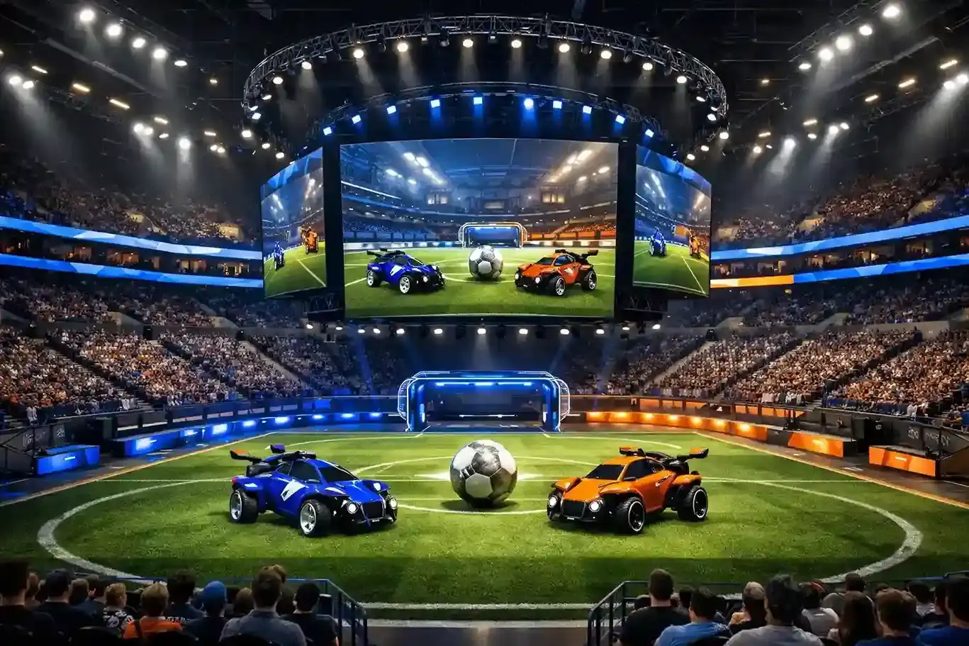 Rocket League action screenshot showing rocket‑powered cars hitting a giant soccer ball toward a goal in a futuristic arena, capturing fast‑paced vehicular soccer gameplay