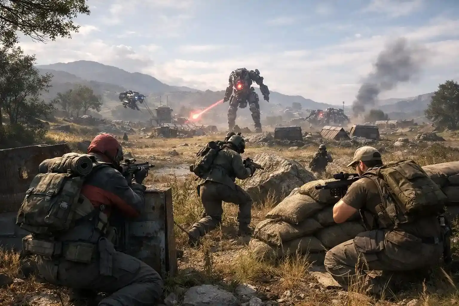 ARC Raiders PvP gameplay with raiders and ARC enemies on an open map