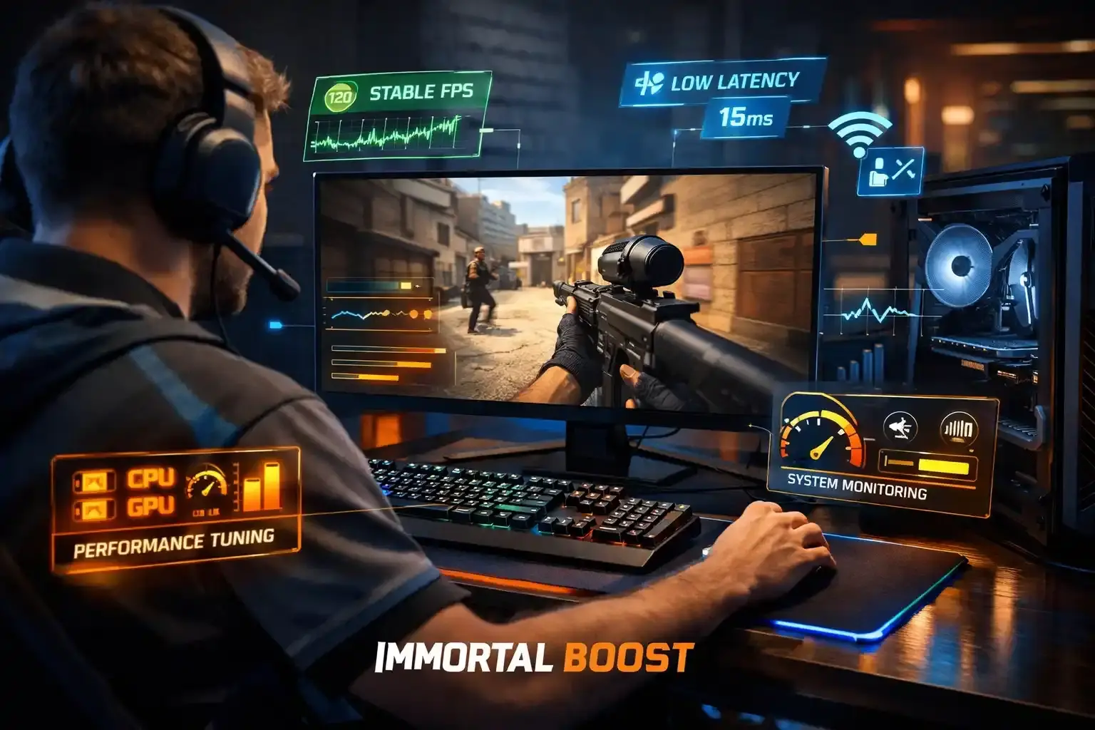Gamer playing Counter-Strike 2 with performance monitoring overlays showing stable 120 FPS, low 15ms latency, and system performance tuning for optimal gameplay
