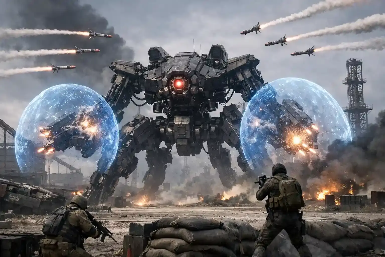 Arc Raiders sci-fi boss encounter showing the massive ARC Matriarch mechanical boss firing homing missiles and deploying energy shields on an industrial battlefield, emphasizing scale and threat without UI elements