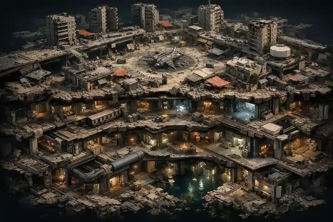 Buried City map overview highlighting vertical layers, rooftops, underground routes, and key locations.