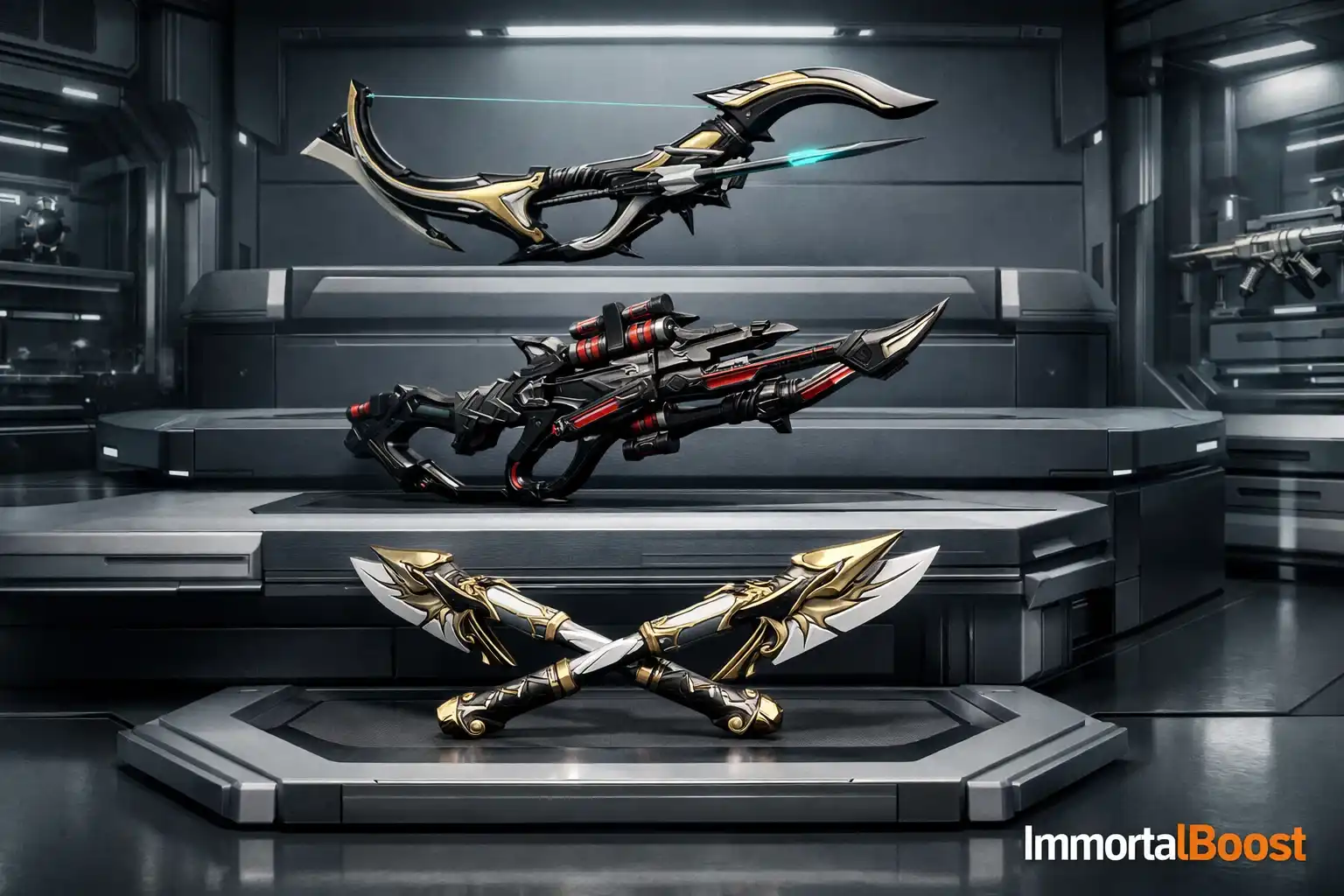 Warframe best weapons tier list 2026 featuring Nataruk, Kuva Bramma, and Kronen Prime with ImmortalBoost branding