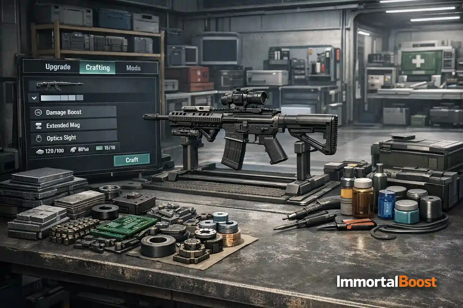 ARC Raiders crafting workbenches and materials with ImmortalBoost branding