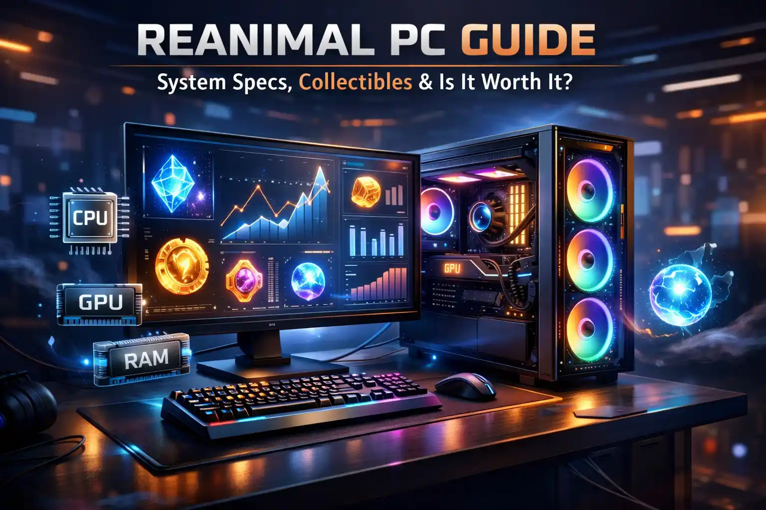 Futuristic gaming PC setup with holographic system specs and collectible icons for Reanimal PC performance and value guide.