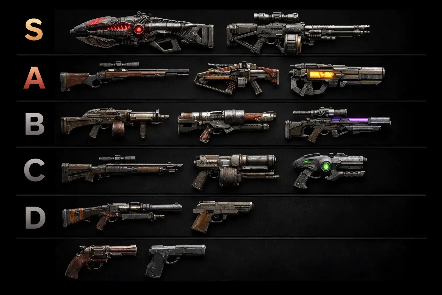 tier list of weapons showing that which weapon is powerful and which is less damage giving