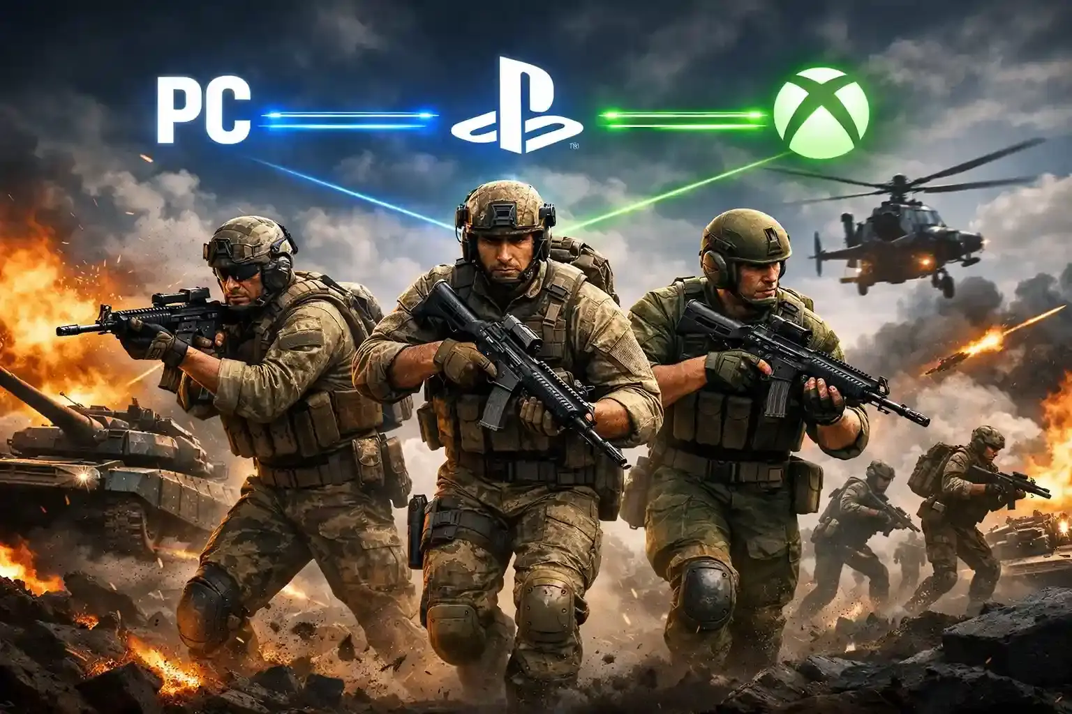 Battlefield 6 cross platform play showing PC PlayStation and Xbox players fighting together in multiplayer