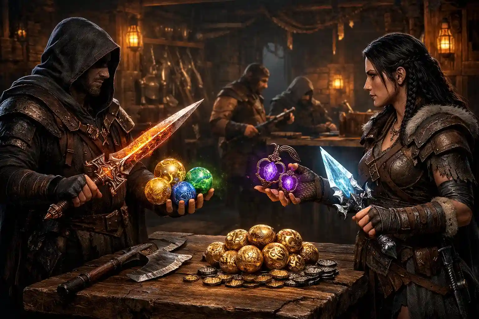 Path of Exile 2 trading system showing players exchanging items and currency in a hideoutPath of Exile 2 trading system showing players exchanging items and currency in a hideout