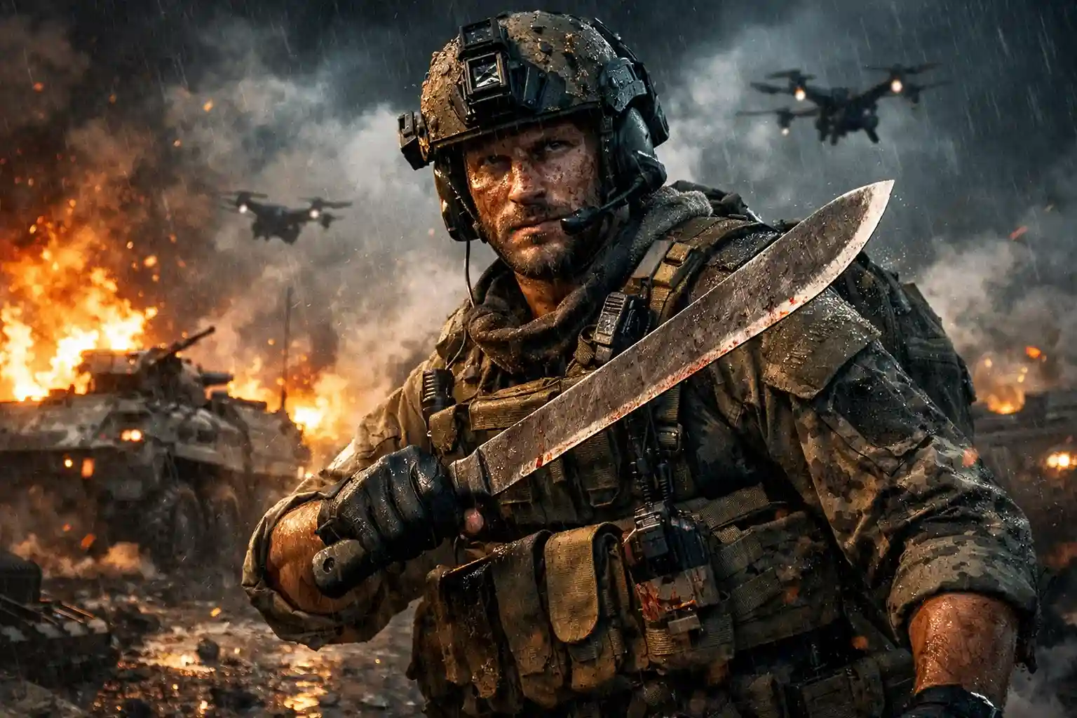 Battlefield 6 Hunter Prey update showing soldier with machete in dark warzone