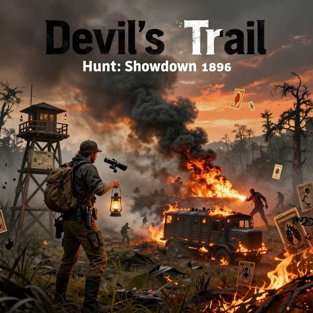 Hunt: Showdown Devil’s Trail event artwork showing armed hunters moving through a dark, dangerous swamp environment with horror-themed atmosphere and supernatural tension.