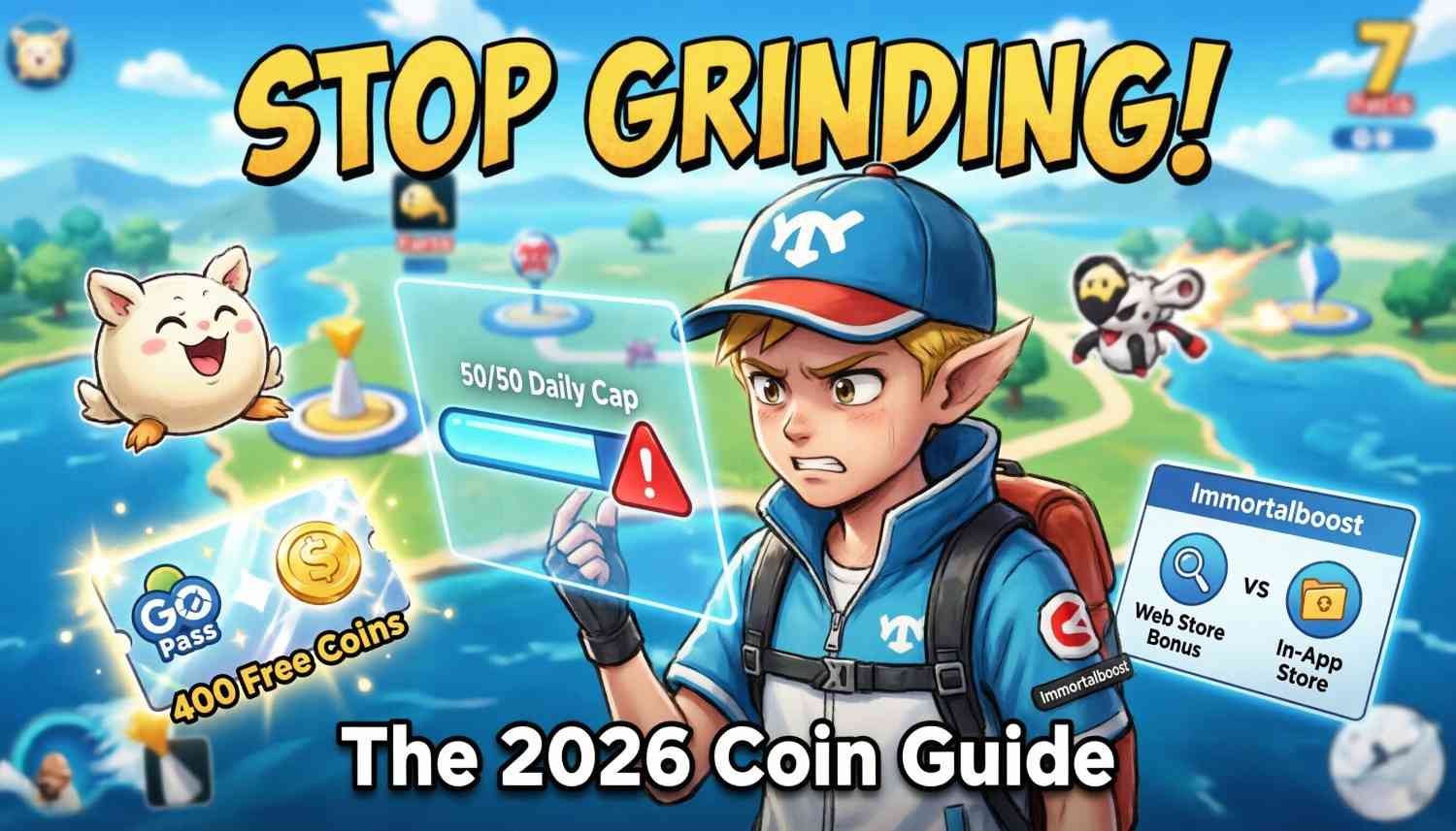 Pokémon GO PokéCoins guide image showing PokéCoin currency, in-game rewards, and methods for earning or purchasing PokéCoins in Pokémon GO